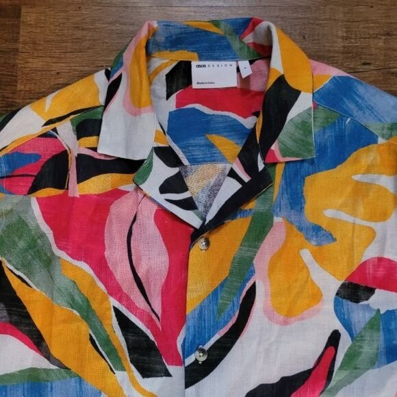 Men's ASOS Aloha Shirt Linen Blend Tiki Hawaii Geometric Print Pink Blue medium - Picture 3 of 8